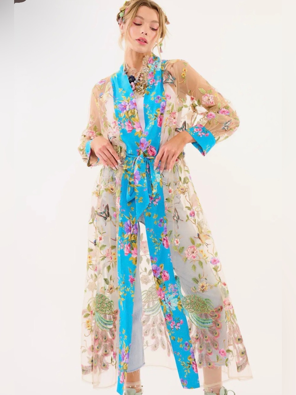 Aratta Garden of Eden Duster| Embroidered
Mesh Floral Jacket Robe M or L